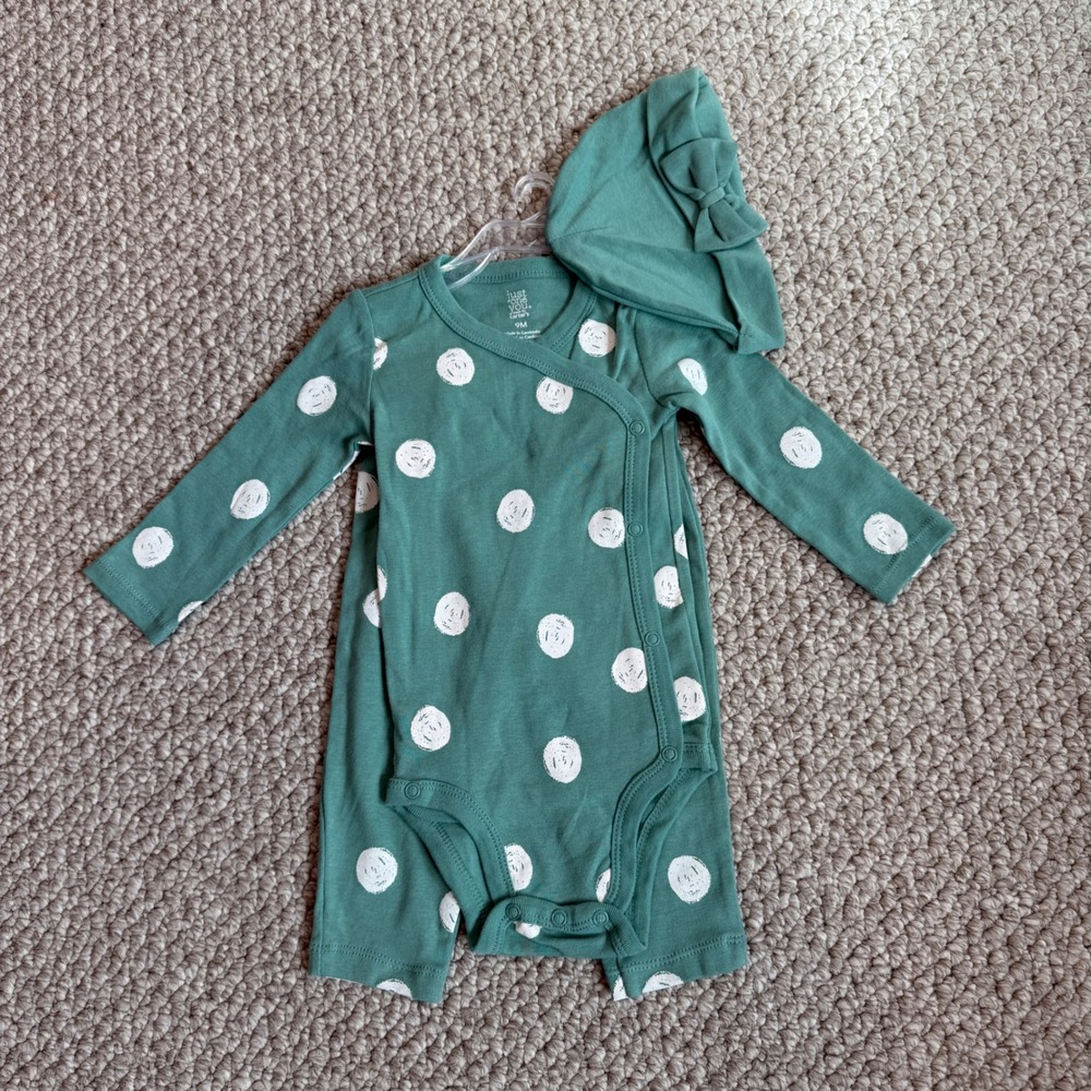 Carters Baby‎ Girls 3pc Teal Polka Dot Bodysuit Pants Hat Set Size 9 Months
